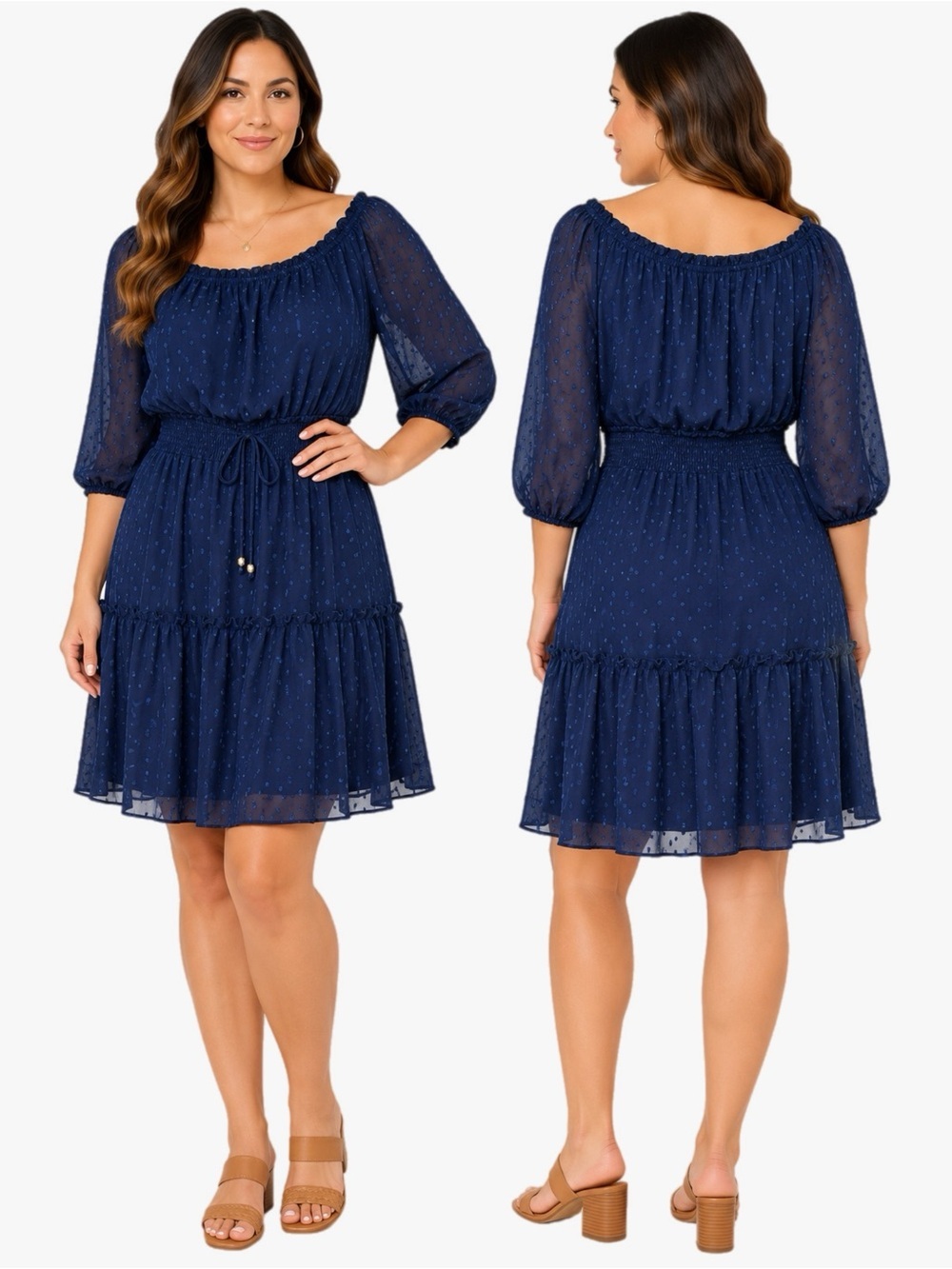 Ryan Michelle Navy Swiss Dot Peasant Dress Smocked Waist Size Medium